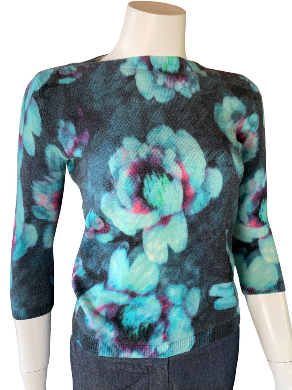 Talbots 100% Cashmere Floral Sweater Petite Small Blue Knit Pullover